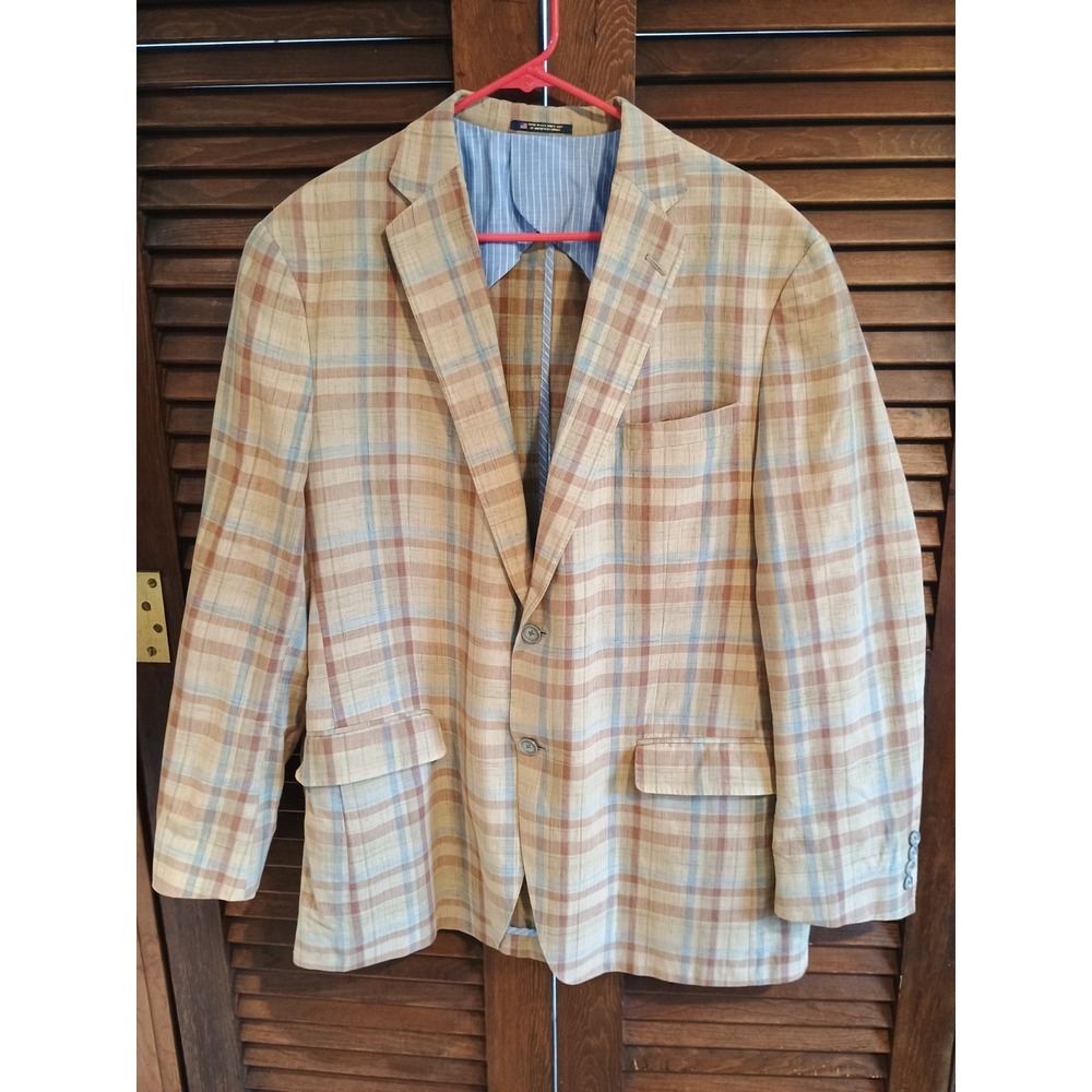 Hart Schaffner Marx Brown Blue Red Yellow 46L Plaid Blazer Coat Jacket